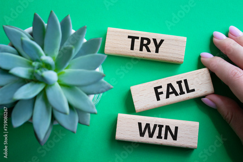 Try Fail Win symbol. Concept words Try Fail Win on wooden blocks. Beautiful green background with succulent plant. Businessman hand. Business and Try Fail Win concept. Copy space.