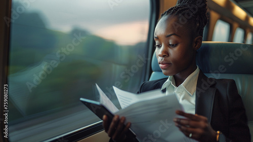 Photo of african american businesswoman traveling on train and reading important documents. Woman in a business suit photo