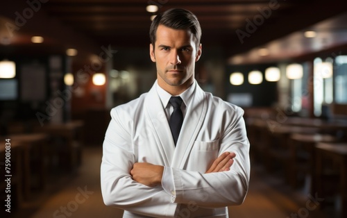 A man in a white shirt stands confidently indoors