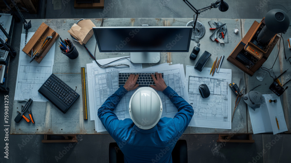 overhead shot of an architect working at a desk with blueprints overhead shot of an architect working at a desk with blueprints