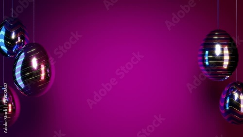 Easter eggs hang on strings. Purple background. Looping animation.