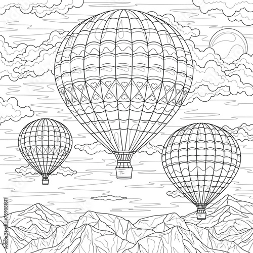 Hot air balloons.Coloring book antistress for children and adults. 