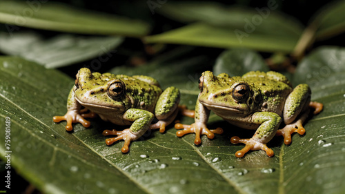 Green tree frogs sitting on rain soaked leaf in the midst of a lush tropical rainforest
