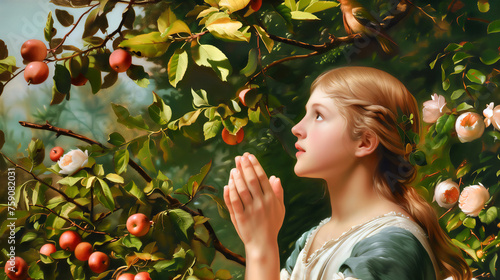 Eve deceived by the serpent looking at the forbidden fruit