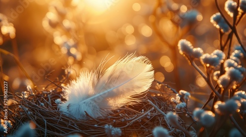 A single delicate white feather lying in a bird's nest, highlighted by the soft glow of a golden sunset among pussy willows.