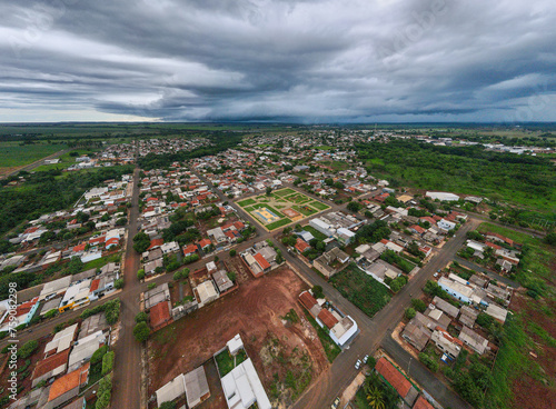 Aerial landscape of city scape with park during summer in Tangara da Serra in Mato Grosso