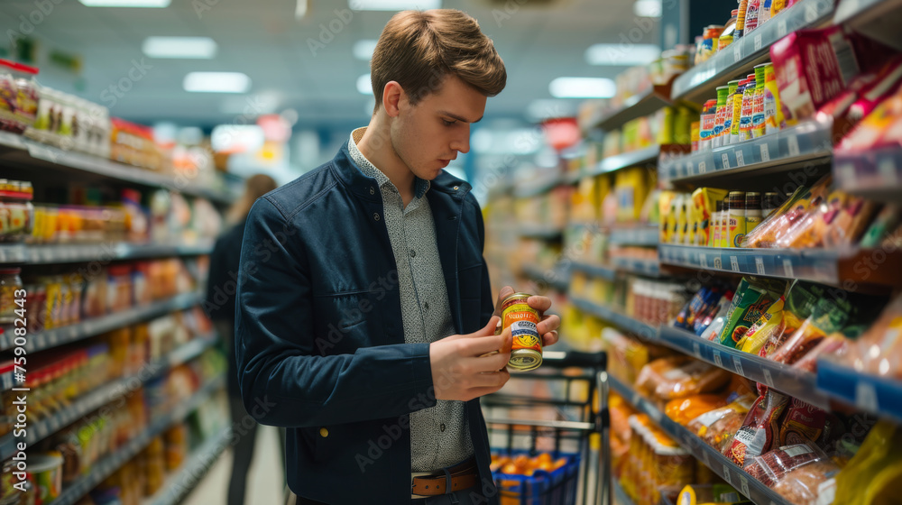 man in a grocery store aisle, carefully examining a product he is holding in his hands