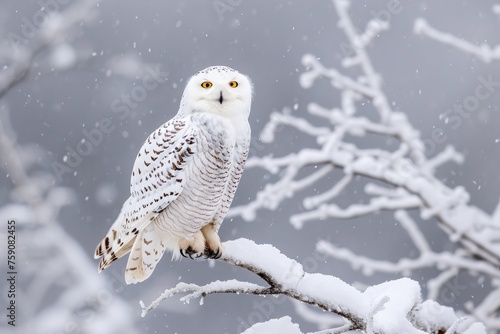 Majestic snowy owl perched on a snowy branch