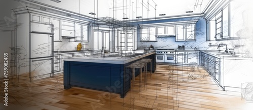 Interior design project featuring a custom architecture blueprint of a modern kitchen sketch on a parquet floor.