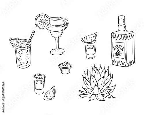 Sketch hand drawn drawings of tequila drinks. Vector black outline drawings on white background. Ideal for decoration, coloring pages, stickers, tattoo, pattern