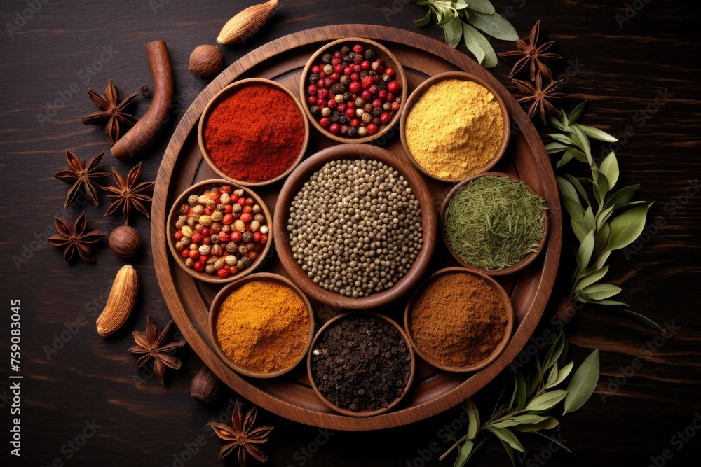 Spices and herbs mix, top view