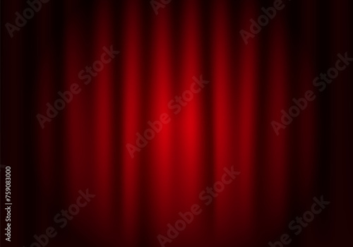 Stage theatrical drapes. Closed velvet curtain for circus, theatre, scene and club. Red drapery, textile. Vector background with spot light in theater or cinema