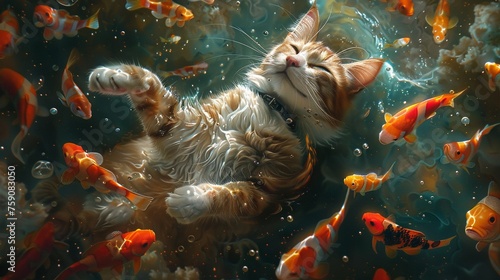 An astronaut cat floats serenely amidst a galaxy of fish in a surreal underwater space adventure Hyper realistic
