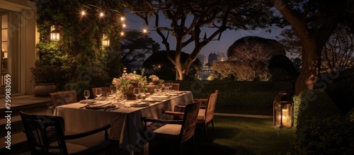 Outdoor dining area with set table awaiting guests in the evening.