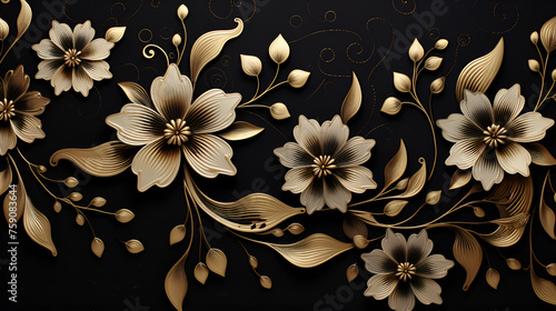 An exquisite pattern of stylized golden flowers and leaves on a black background. Metallic sheen  elegant curves  a luxurious and sophisticated design. Gen AI