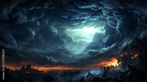 Thunderstorm with lightnings. Dramatic landscape. photo