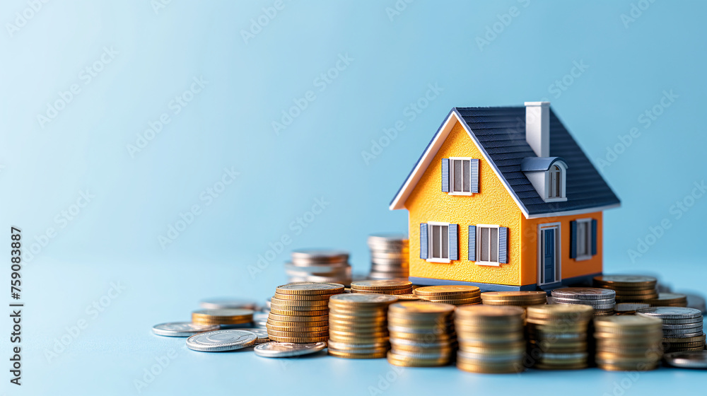 A house is surrounded by a pile of coins. Concept of wealth and prosperity, home insurance, investment mortgage finance, and home loan refinance financial plan home loan A house is surrounded by a pile of coins. Concept of wealth and prosperity, home insurance, investment mortgage finance, and home loan refinance financial plan home loan
