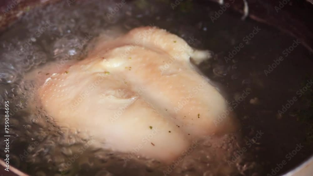 Video of chicken boiled in a pot. Food preparation concept Video of chicken boiled in a pot. Food preparation concept