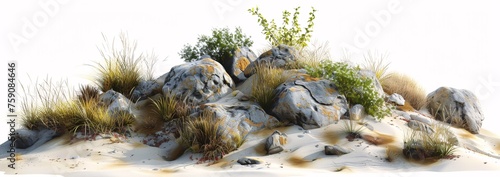 a group of rocks and plants in a desert