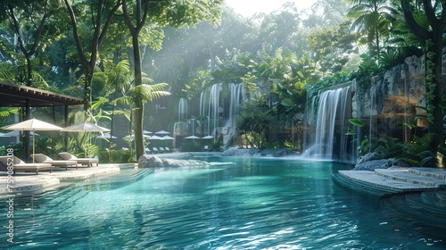 Indulge in luxury with this AI-crafted image of a resort-style pool, featuring a serene infinity edge, cascading waterfalls, and private cabanas nestled amidst tropical foliage. © ZQ Art Gallery 