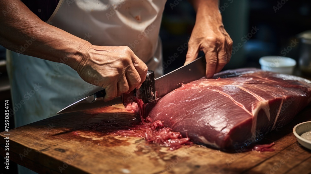 An experienced chef skillfully cuts a large piece of fresh meat with a knife