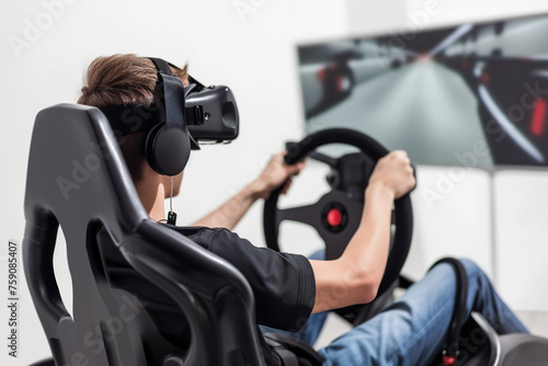 Young man experiencing virtual reality simulation using virtual reality headset and racing wheel on white background