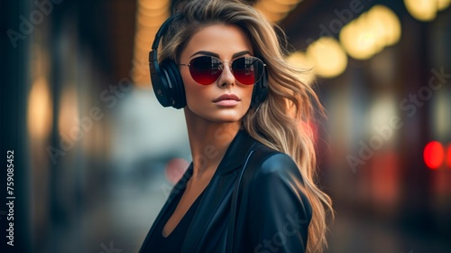 Fashionable Woman in Urban Setting with Headphones. Generative ai © Yevheniiya
