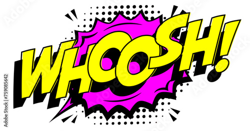 Quadro em tela WHOOSH featured in a comic book style with a dynamic sunburst background