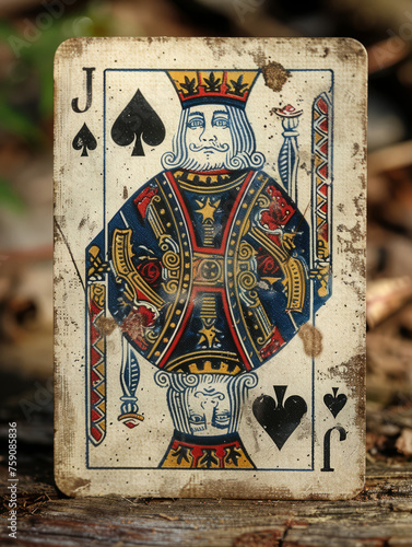 Antique Elegance: Weathered Worn Jack of Spades Playing Card, outdoor setting 