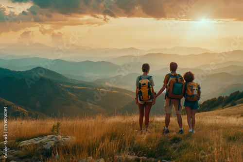 A couple of travelers with a child stand and look into the distance at the opening magnificent landscape, mountainous terrain, solitude, traveling light