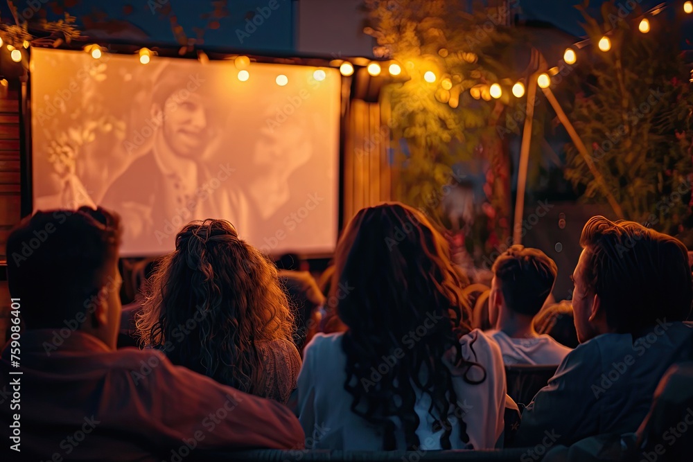 People watching movie outdoor night theatre