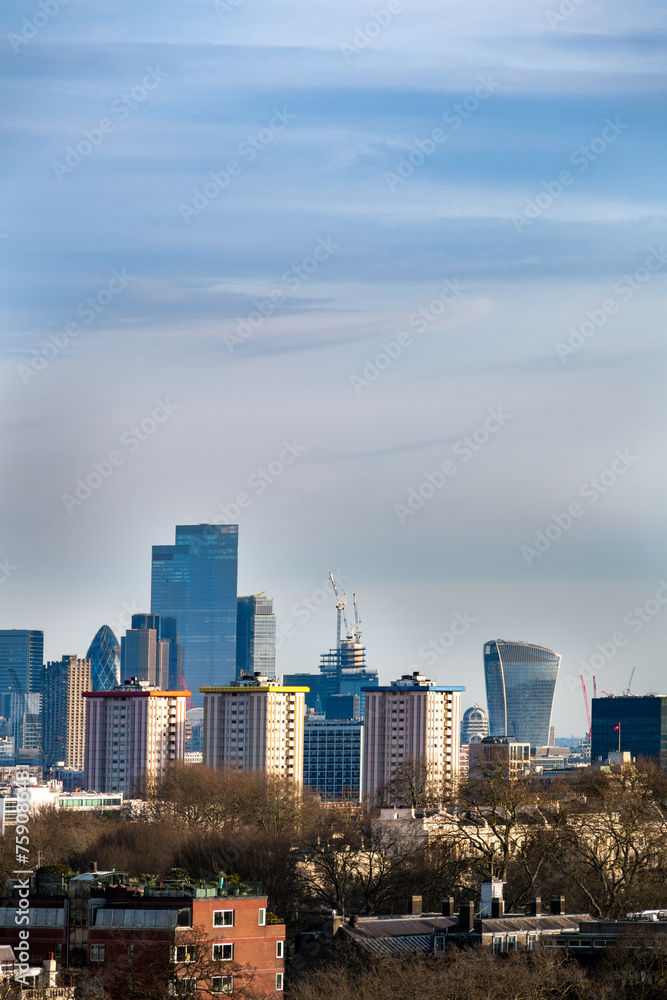 Fototapeta premium View of buildings in London, England, from Primerose Hill on a winter afternoon