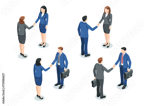 isometric vector set of people in business suits shaking hands, in color on a white background, office workers or politicians