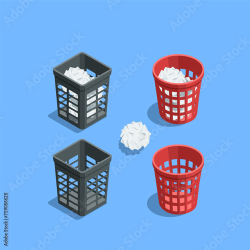 isometric vector set of office wastebasket and crumpled paper, in color on a white background, cleanliness and order in the workplace