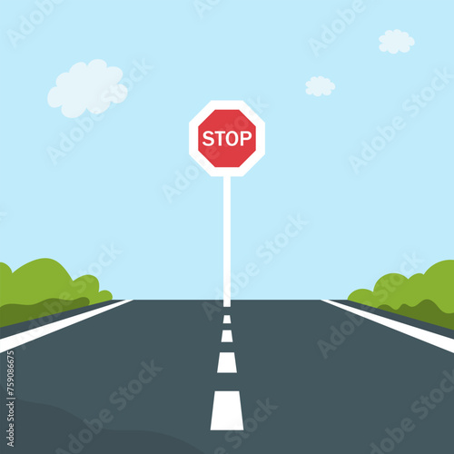 Vector illustration of a road with a stop sign. End of the road, no passage. Empty roadway, blue sky and green bushes. Flat stock illustration