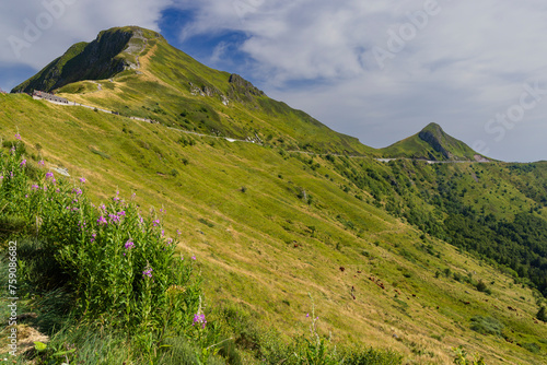 Puy Mary (1783 m) with road, Cantal, Auvergne-Rhone-Alpes region, France