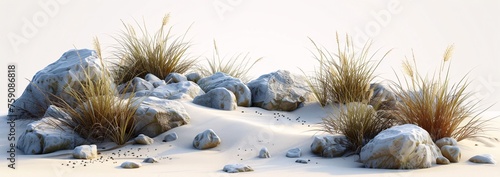 a group of rocks and grass in the snow photo