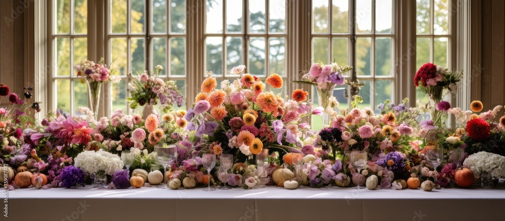 Arrangement of a wedding table adorned with blooms.