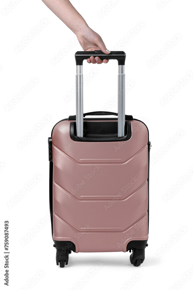 Woman with stylish suitcase on white background, closeup Woman with stylish suitcase on white background, closeup
