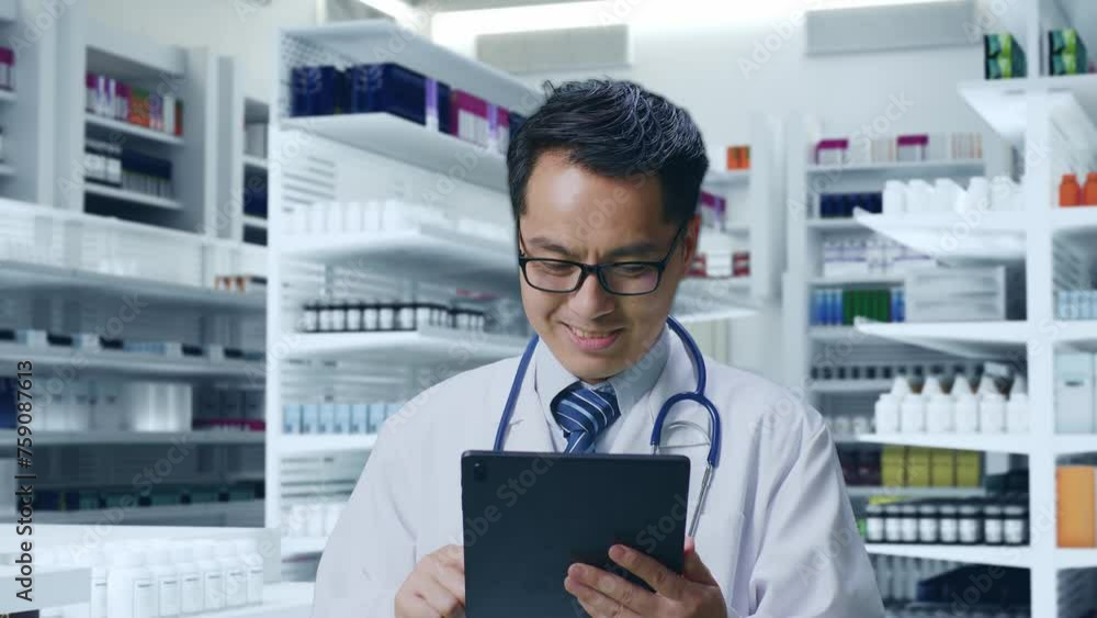Close Up Of Asian Male Doctor With Stethoscope Using A Tablet While Standing In Pharmacy Close Up Of Asian Male Doctor With Stethoscope Using A Tablet While Standing In Pharmacy