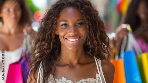 a young woman carrying shopping bags and smiling as she walks through a city street. © VLA Studio