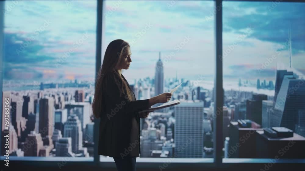 Successful business woman in the office. Woman ceo hedge fund top manager holding reading financial documents in front of window with morning city view. Successful business woman in the office. Woman ceo hedge fund top manager holding reading financial documents in front of window with morning city view.