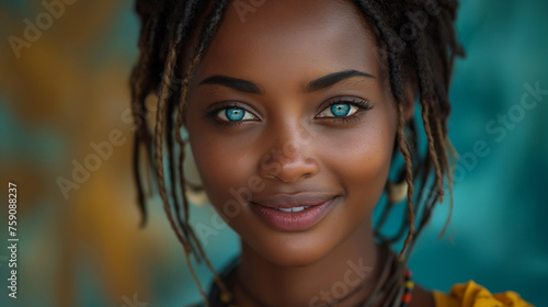 Natural beautiful black smiling girl with blue eyes. Selective focus. Copy space. Natural woman beauty concept. © Inga Bulgakova
