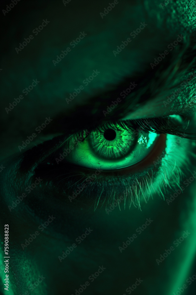 Glowing green eye of a mysterious man. Serious expression. Evil man in the dark. Intense gaze. Paranormal glowing eye concept. Closeup of glowing evil eyes in the dark. Halloween creepy concept. 