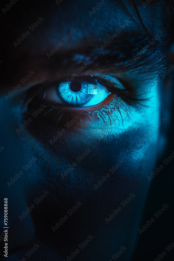 Glowing blue eye of a mysterious man. Serious expression. Evil man in the dark. Intense gaze. Paranormal glowing eye concept. Closeup of glowing evil eyes in the dark. Halloween creepy concept. 