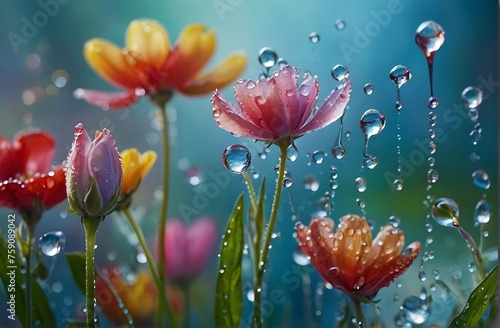flowers with dew drops in colorful shades
