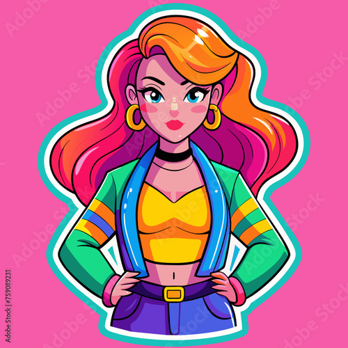 vibrant sticker featuring a beautiful girl in a fashion-forward outfit