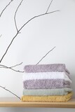 Stacked terry towels and tree branch on wooden shelf near white wall