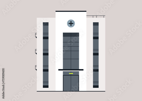 Modern Health Clinics, A Sanctuary of Healing, A sleek hospital facade stands against a plain backdrop, signaling care within