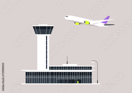 Ascending Aircraft Over Modern Airport Tower, A jetliner takes flight near a control tower as evening falls